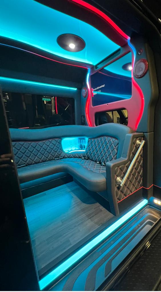 Mercedes Sprinter limo interior with luxury seating