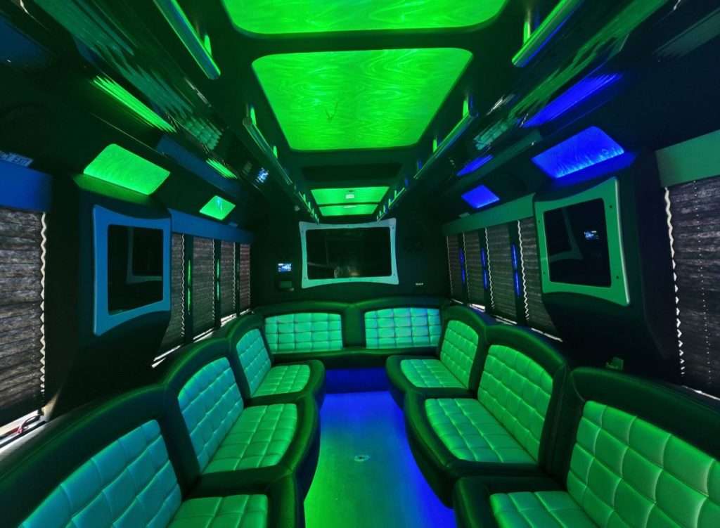 40-passenger party bus interior with LED lights, Pueblo