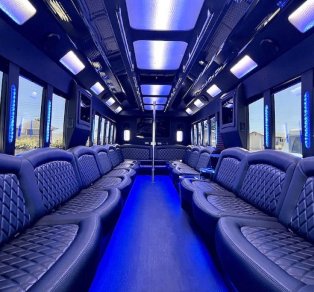 50-passenger party bus interior for large Pueblo groups