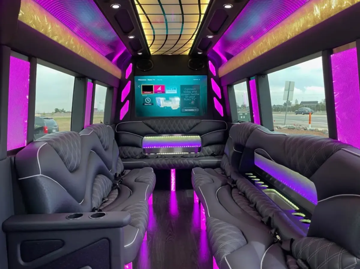 16-Passenger Sprinter Limo Party Bus – Big-screen TV & purple lighting