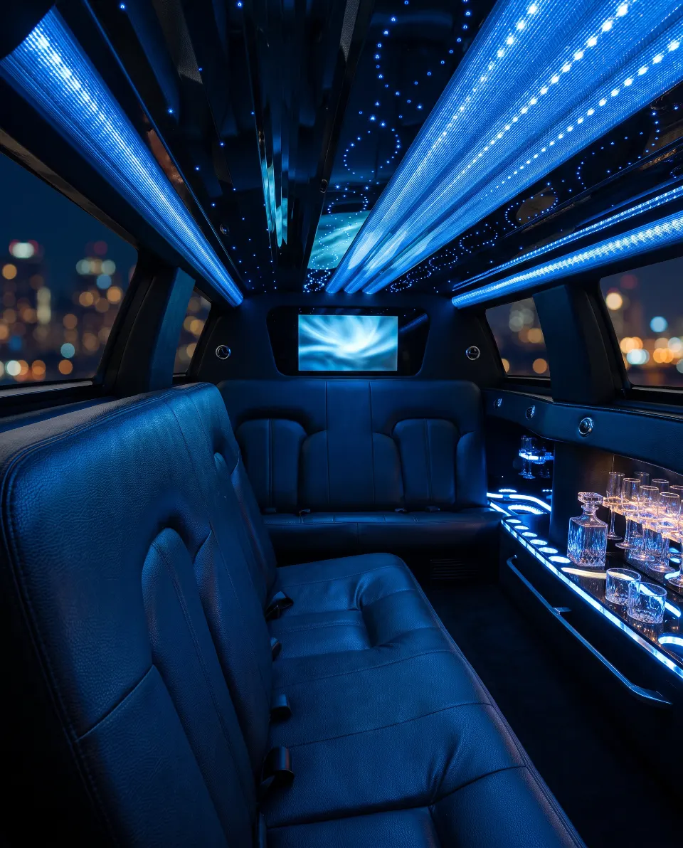 Inside our 10 passenger Lincoln MKT limo in Colorado: leather seating, LED star ceiling, TV and lit bar area