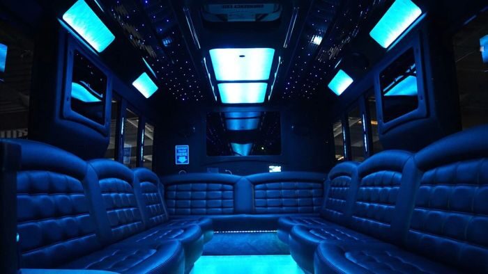 Wraparound seating and blue LED lights – Pueblo party bus rental