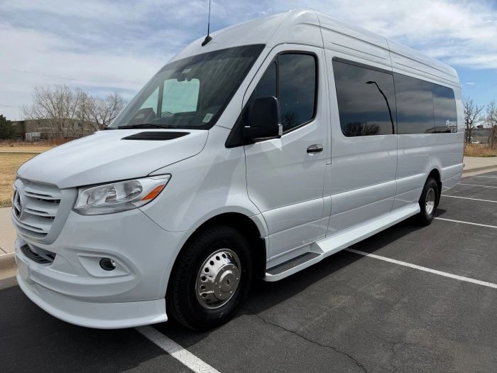 White Mercedes Sprinter – Pueblo party bus rental